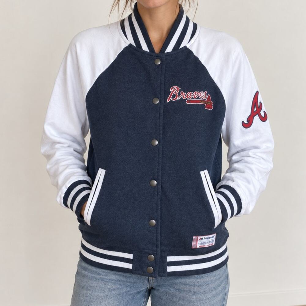 Majestic Atlanta Braves Women’s Varsity Jacket M Navy White Snap Front MLB